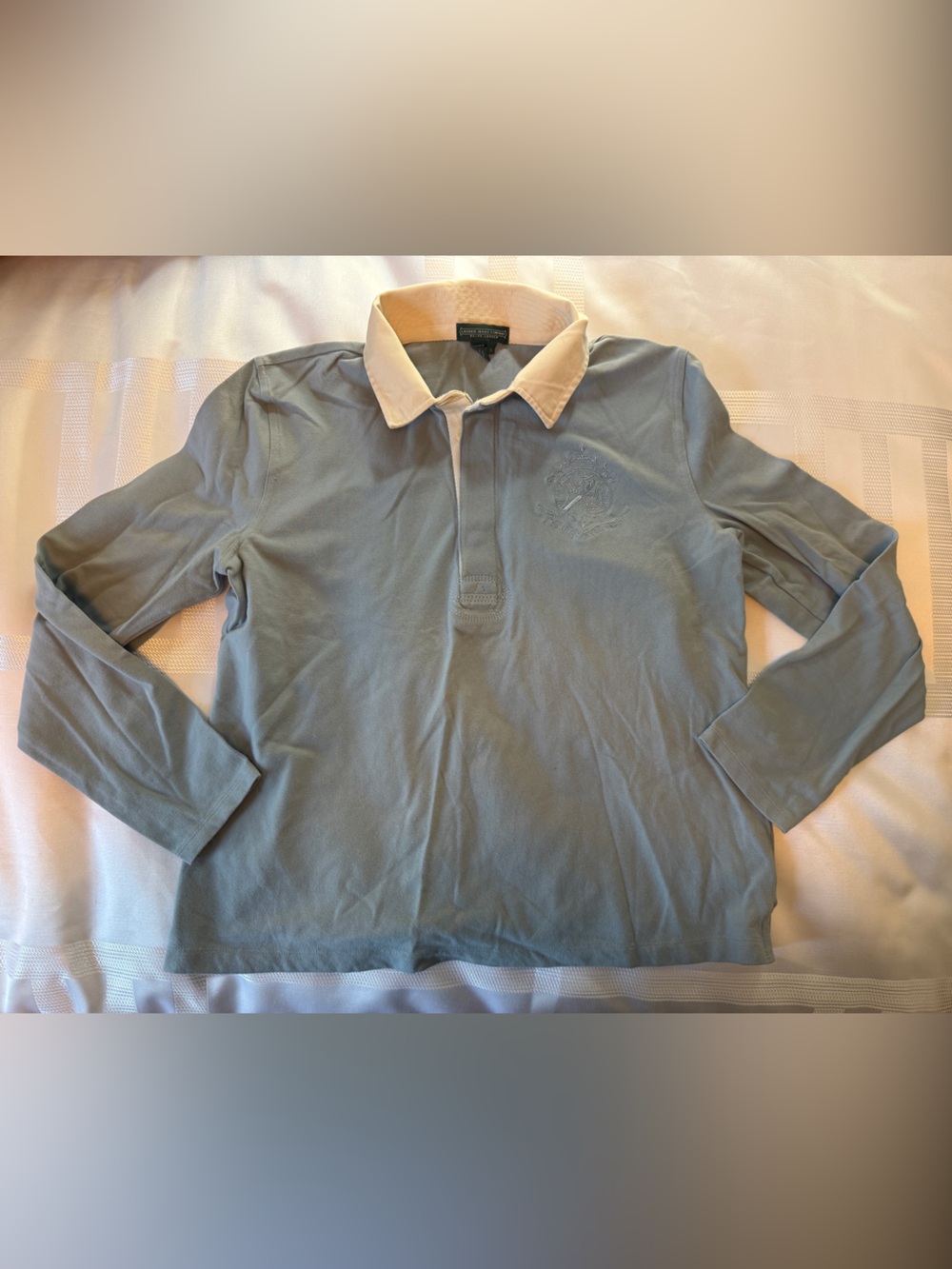 EUC, Lauren Jeans Co. Slate Blue Long-Sleeve Polo with Contrast Cream Collar
